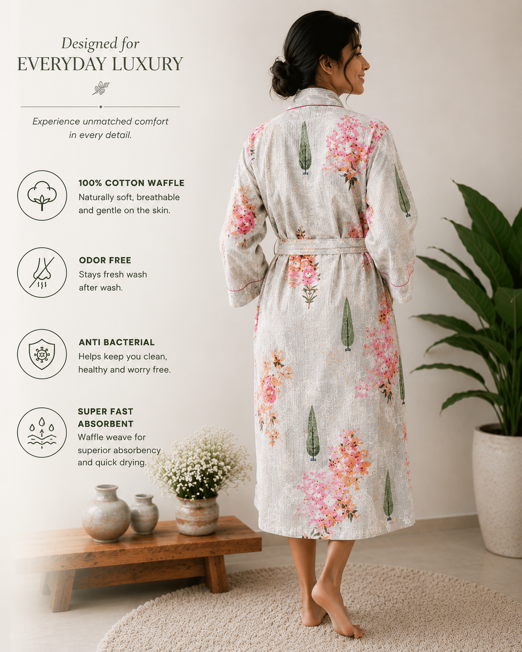 Women's Cotton Waffle Bathrobe | Handblock Floral Print Bath Robe