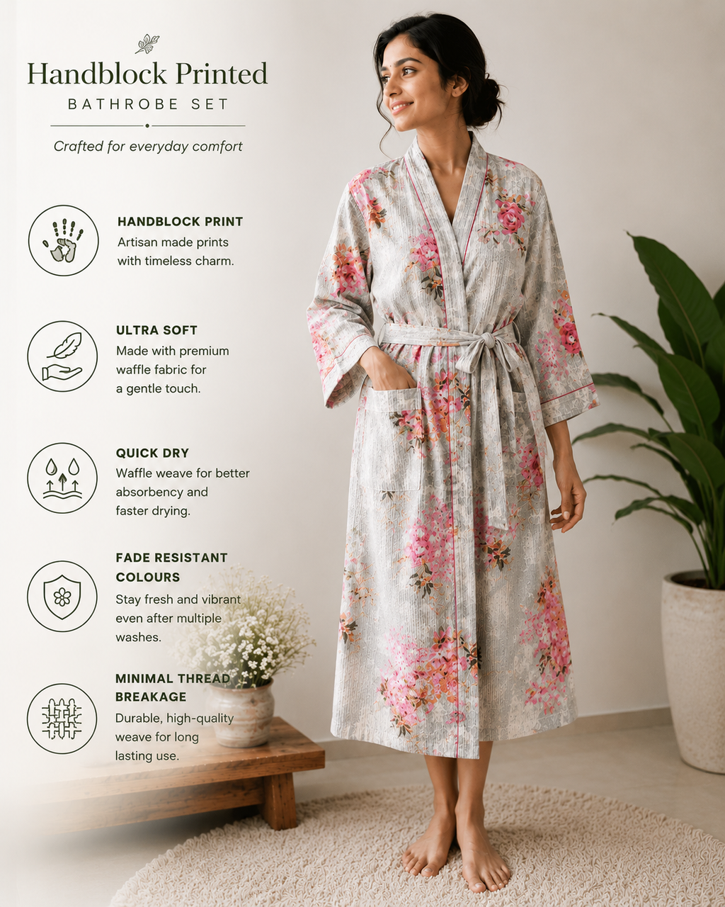 Women's Cotton Waffle Bathrobe | Handblock Floral Print Bath Robe
