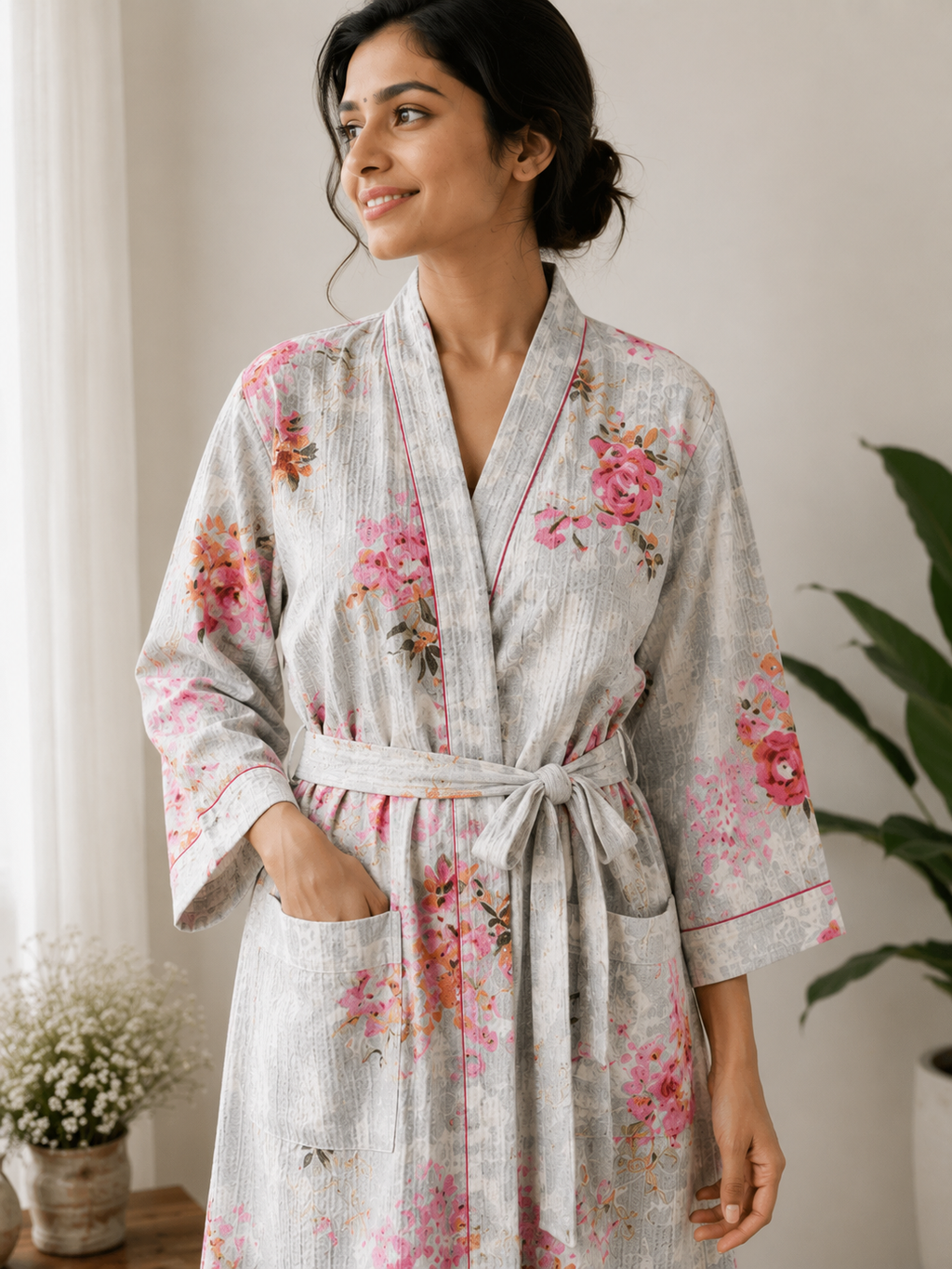 Women's Cotton Waffle Bathrobe | Handblock Floral Print Bath Robe
