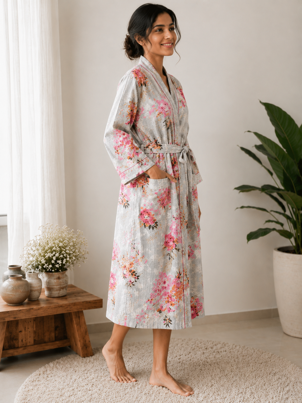 Women's Cotton Waffle Bathrobe | Handblock Floral Print Bath Robe
