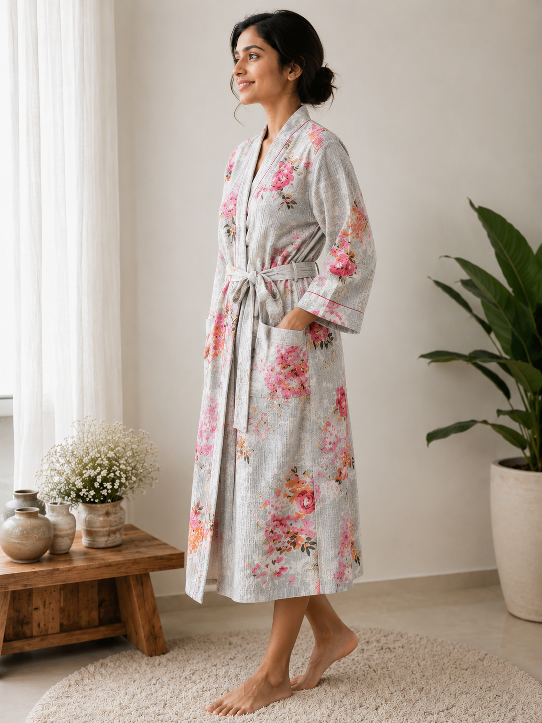 Women's Cotton Waffle Bathrobe | Handblock Floral Print Bath Robe