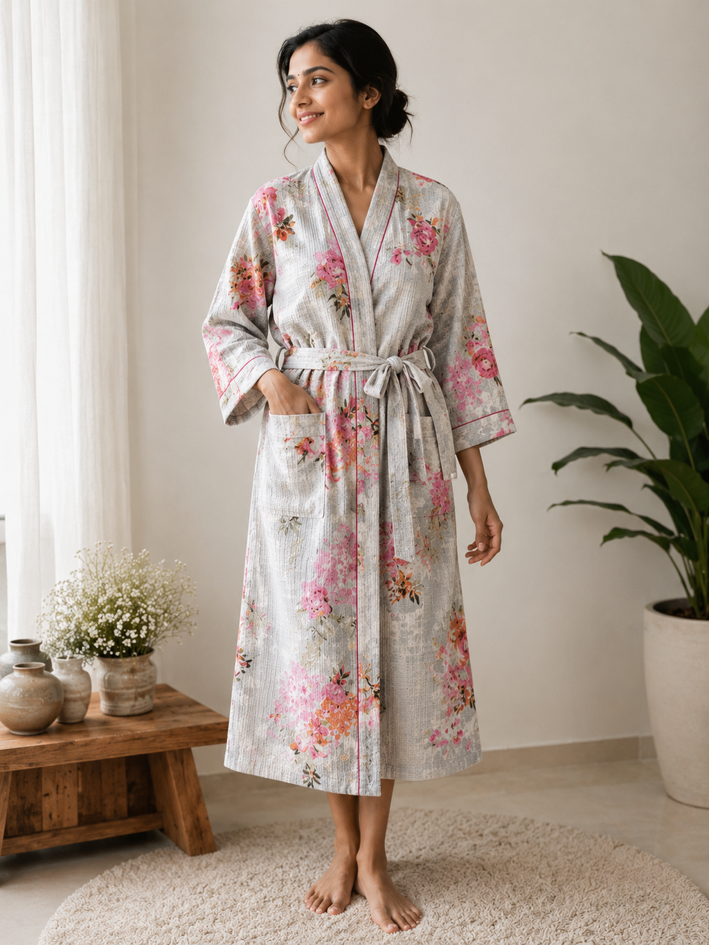 Women's Cotton Waffle Bathrobe | Handblock Floral Print Bath Robe