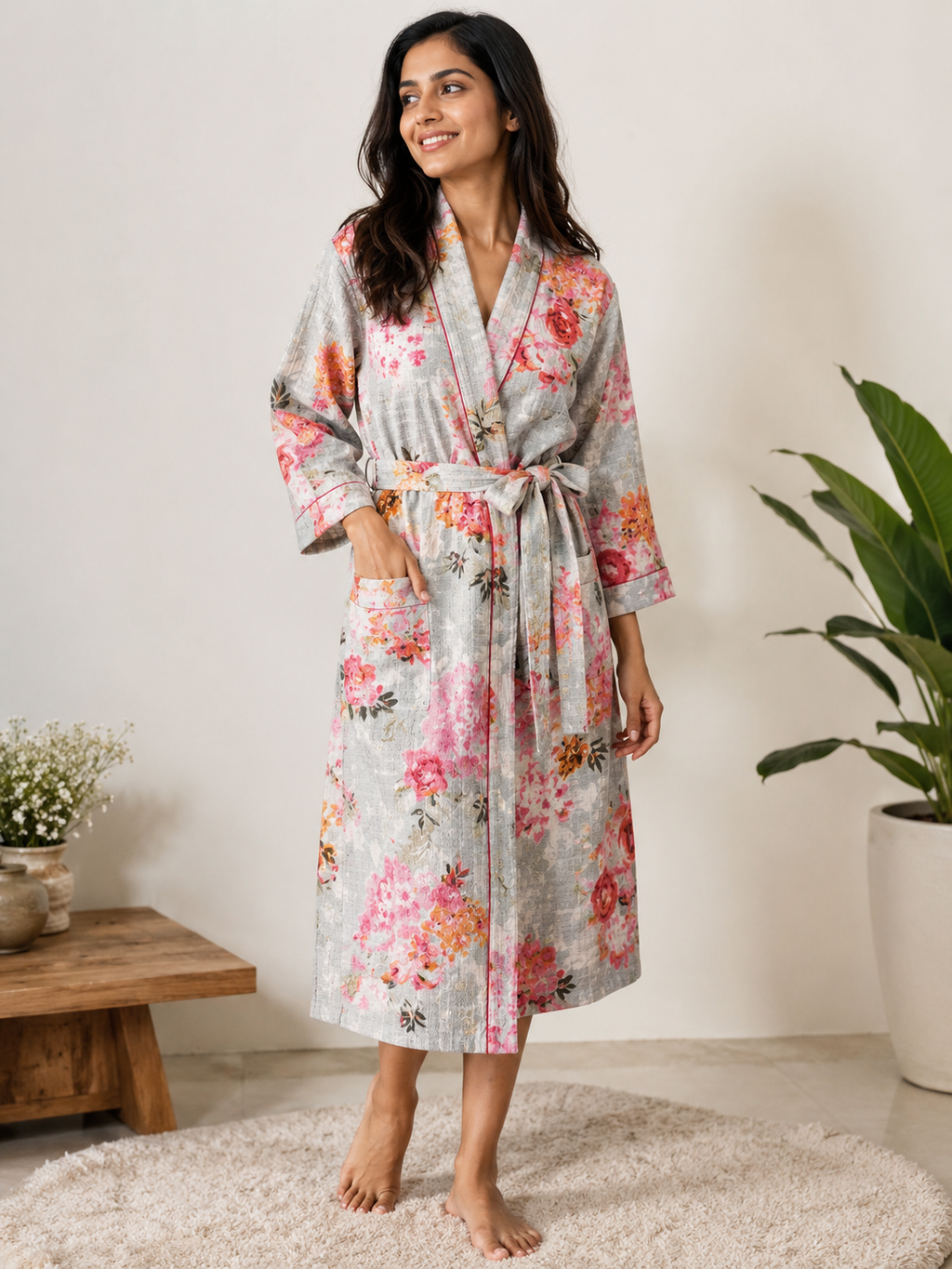 Women's Cotton Waffle Bathrobe | Handblock Floral Print Bath Robe