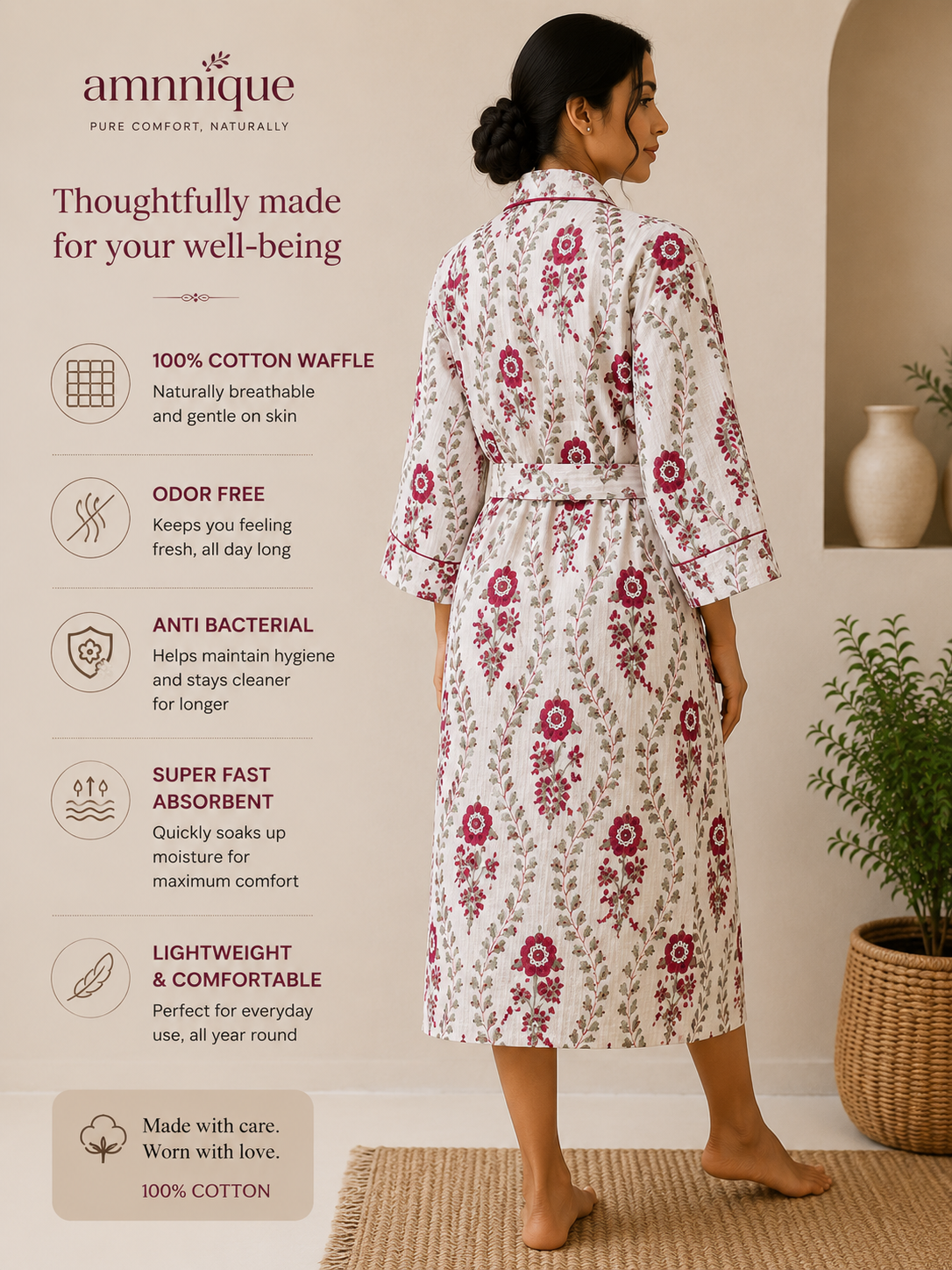 Cotton Waffle Bathrobes for Women | Floral Bath Robes