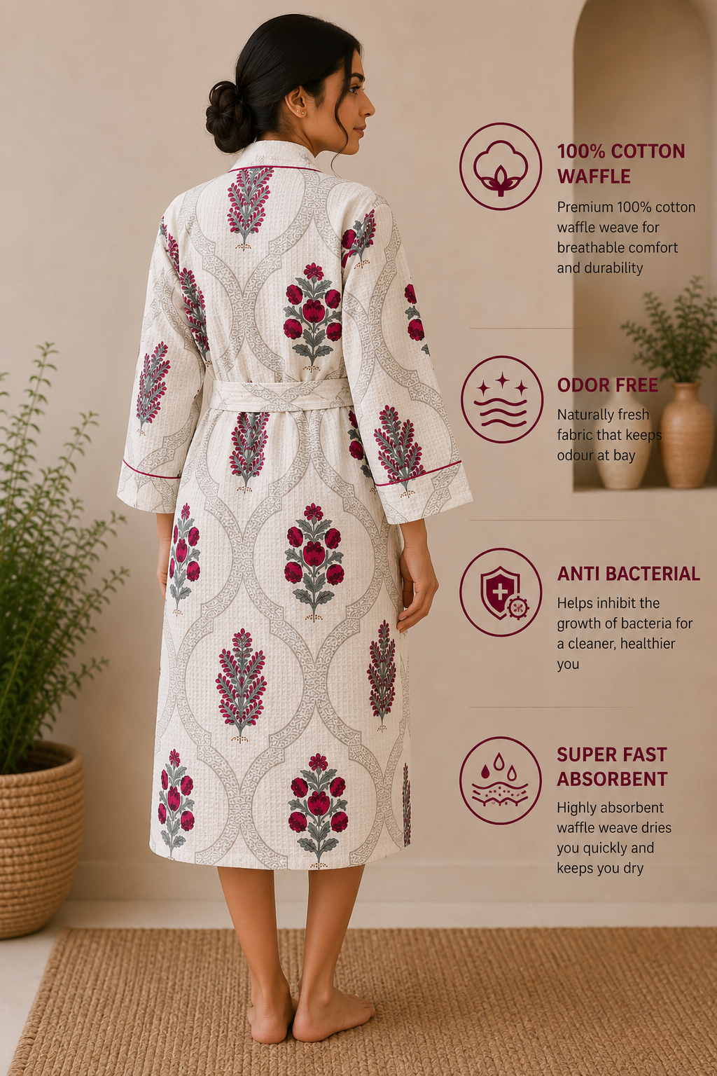 Cotton Waffle Bathrobes for Women | Floral Bath Robes