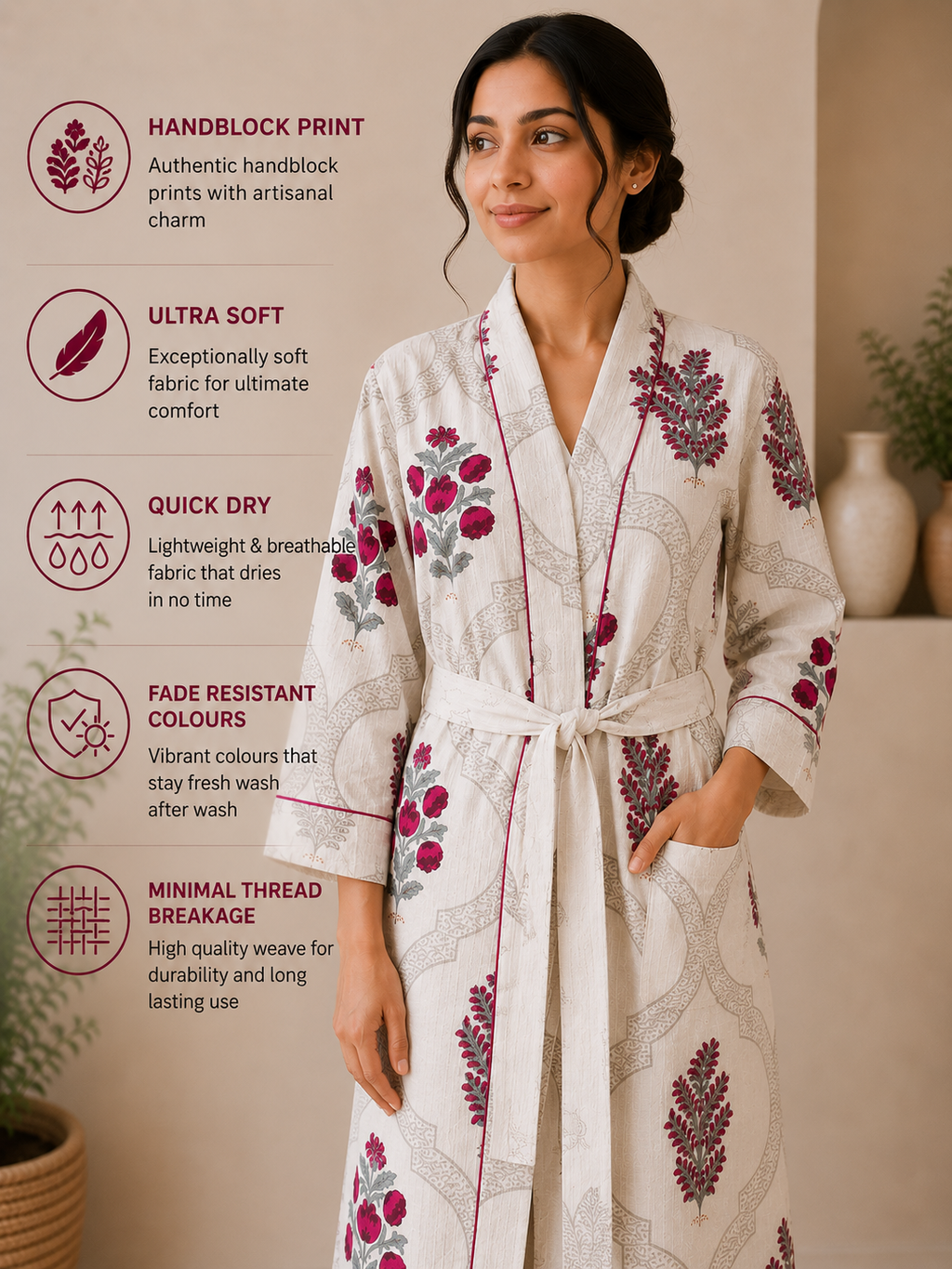 Cotton Waffle Bathrobes for Women | Floral Bath Robes