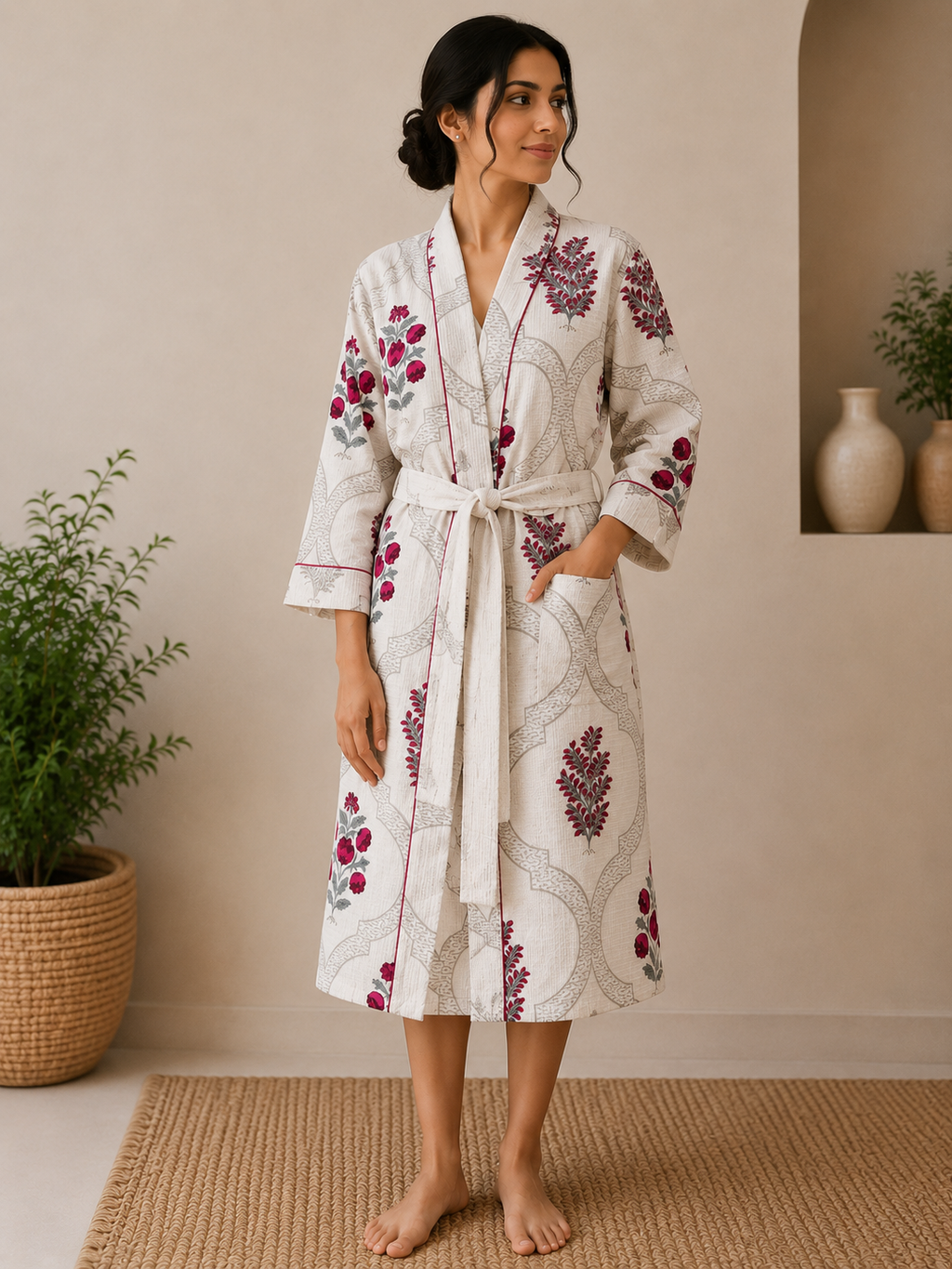 Cotton Waffle Bathrobes for Women | Floral Bath Robes
