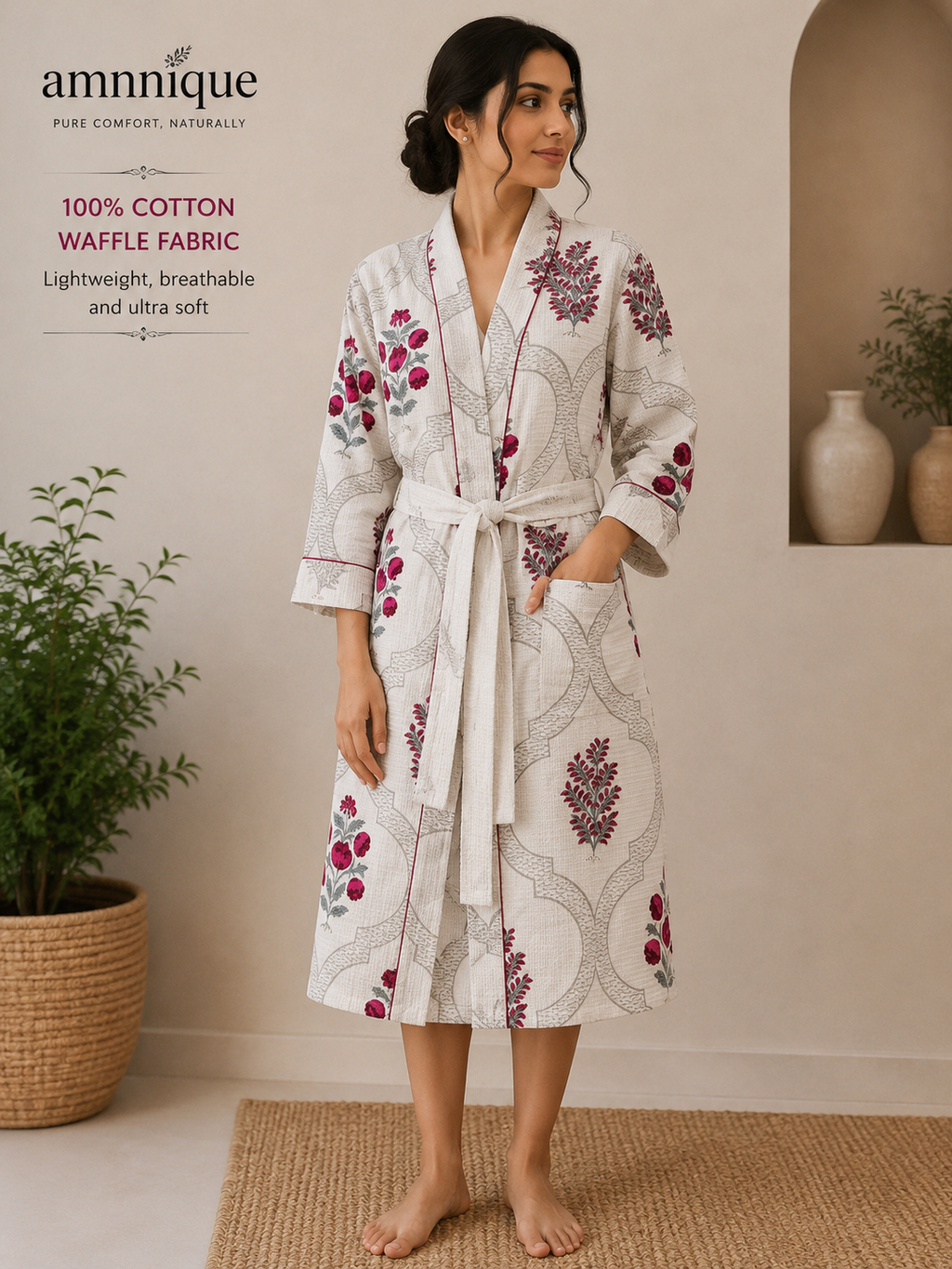 Cotton Waffle Bathrobes for Women | Floral Bath Robes