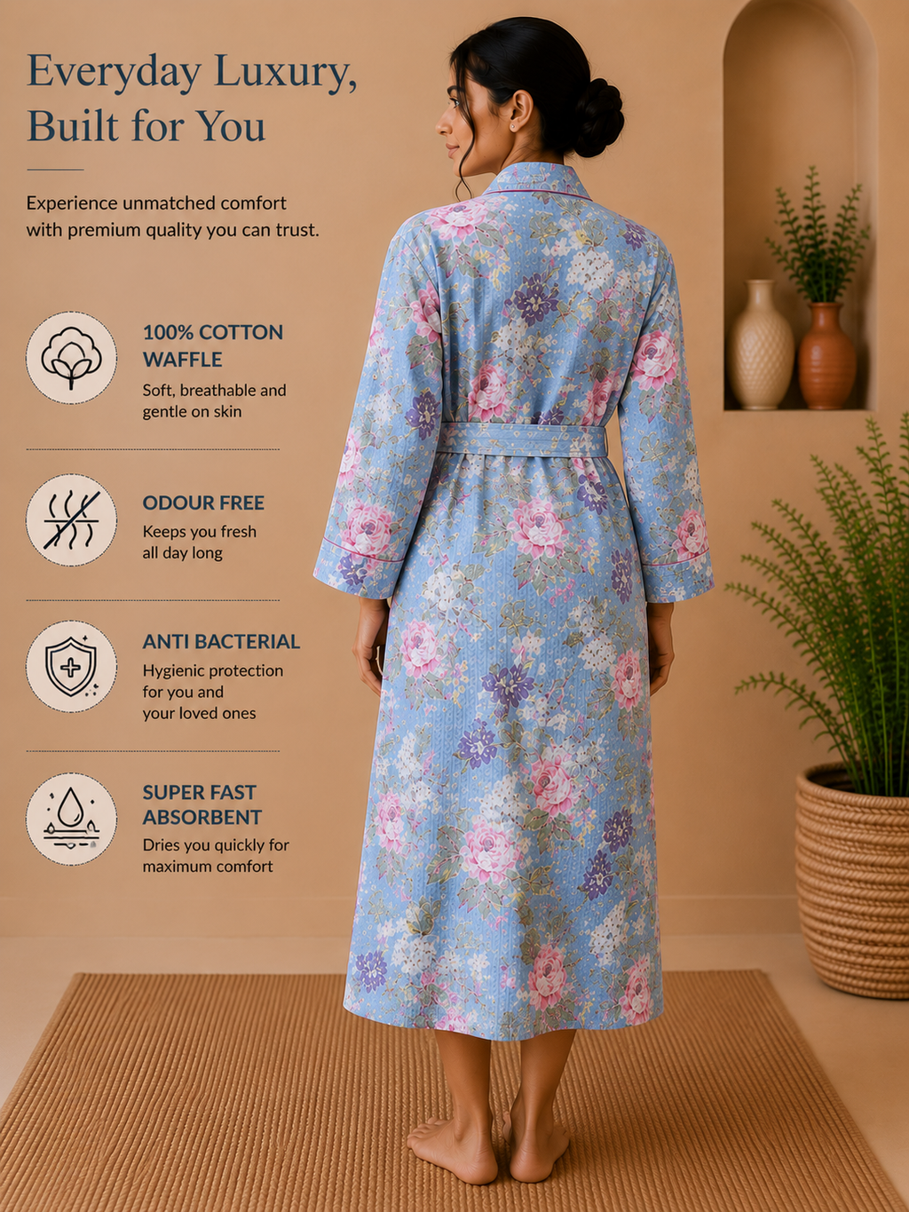 Cotton Waffle Bathrobes for Women | Floral Bath Robes