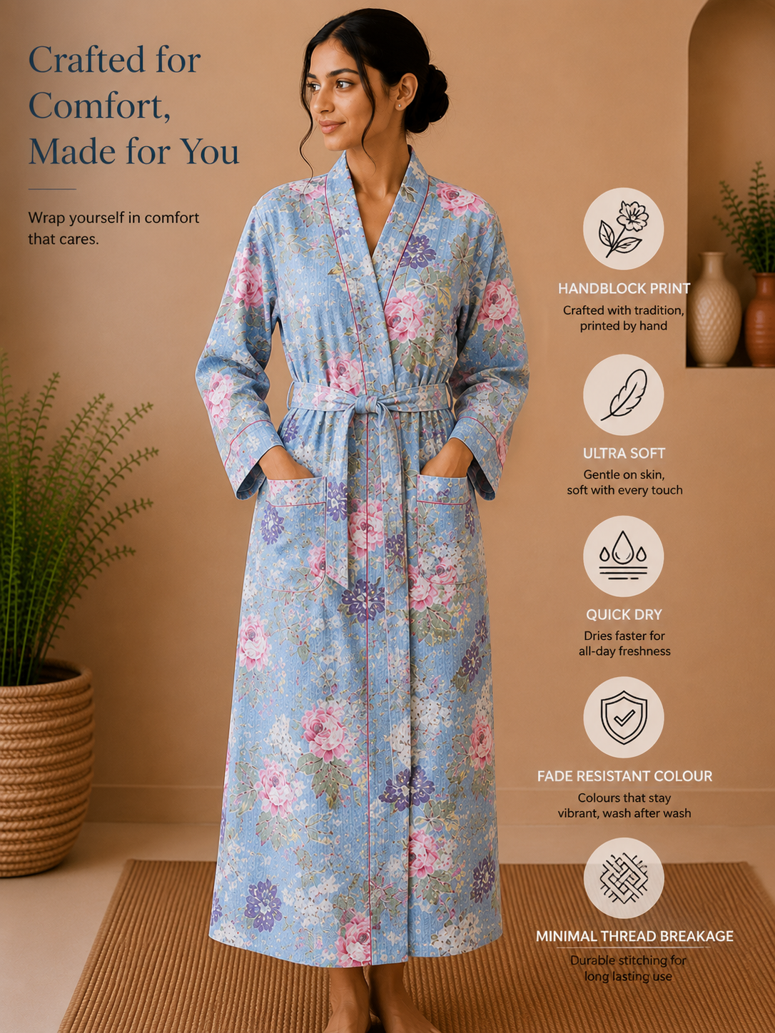 Cotton Waffle Bathrobes for Women | Floral Bath Robes