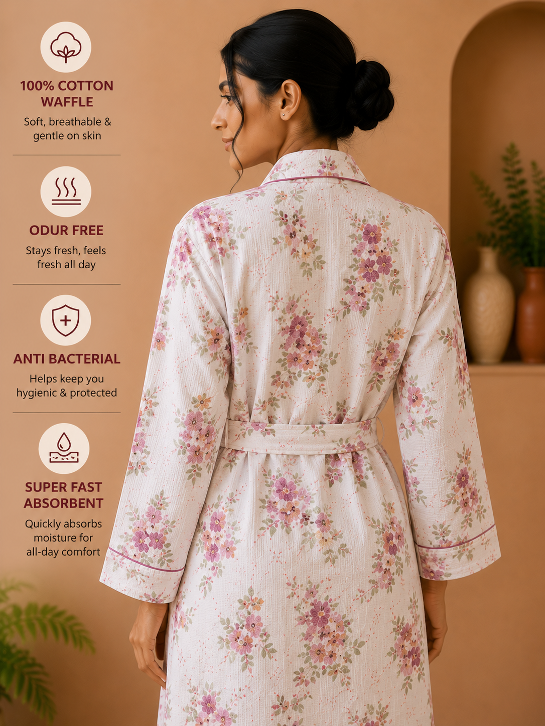 Cotton Waffle Bathrobes for Women | Floral Bath Robes