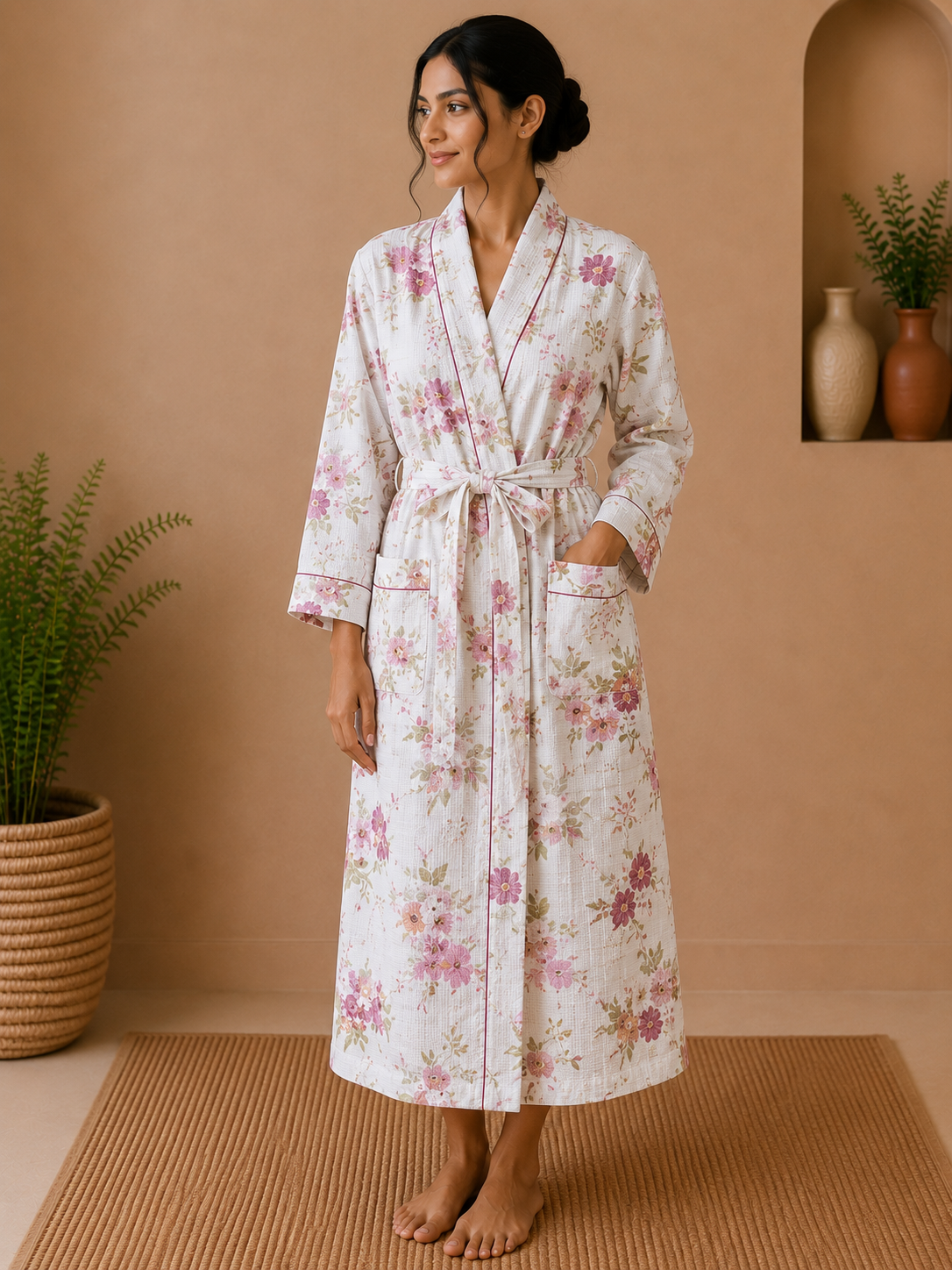 Cotton Waffle Bathrobes for Women | Floral Bath Robes