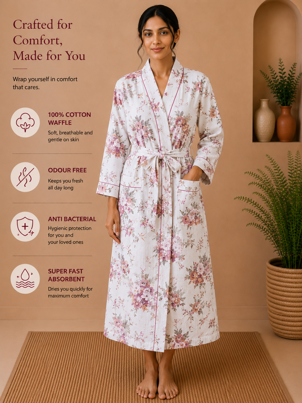 Cotton Waffle Bathrobes for Women | Floral Bath Robes