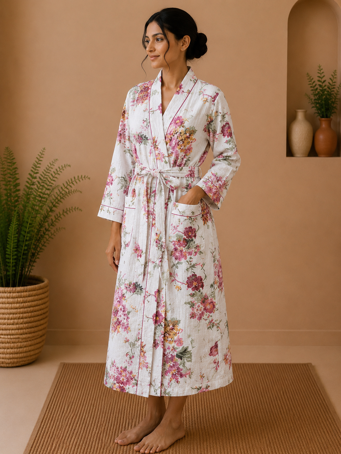 Cotton Waffle Bathrobes for Women | Floral Bath Robes