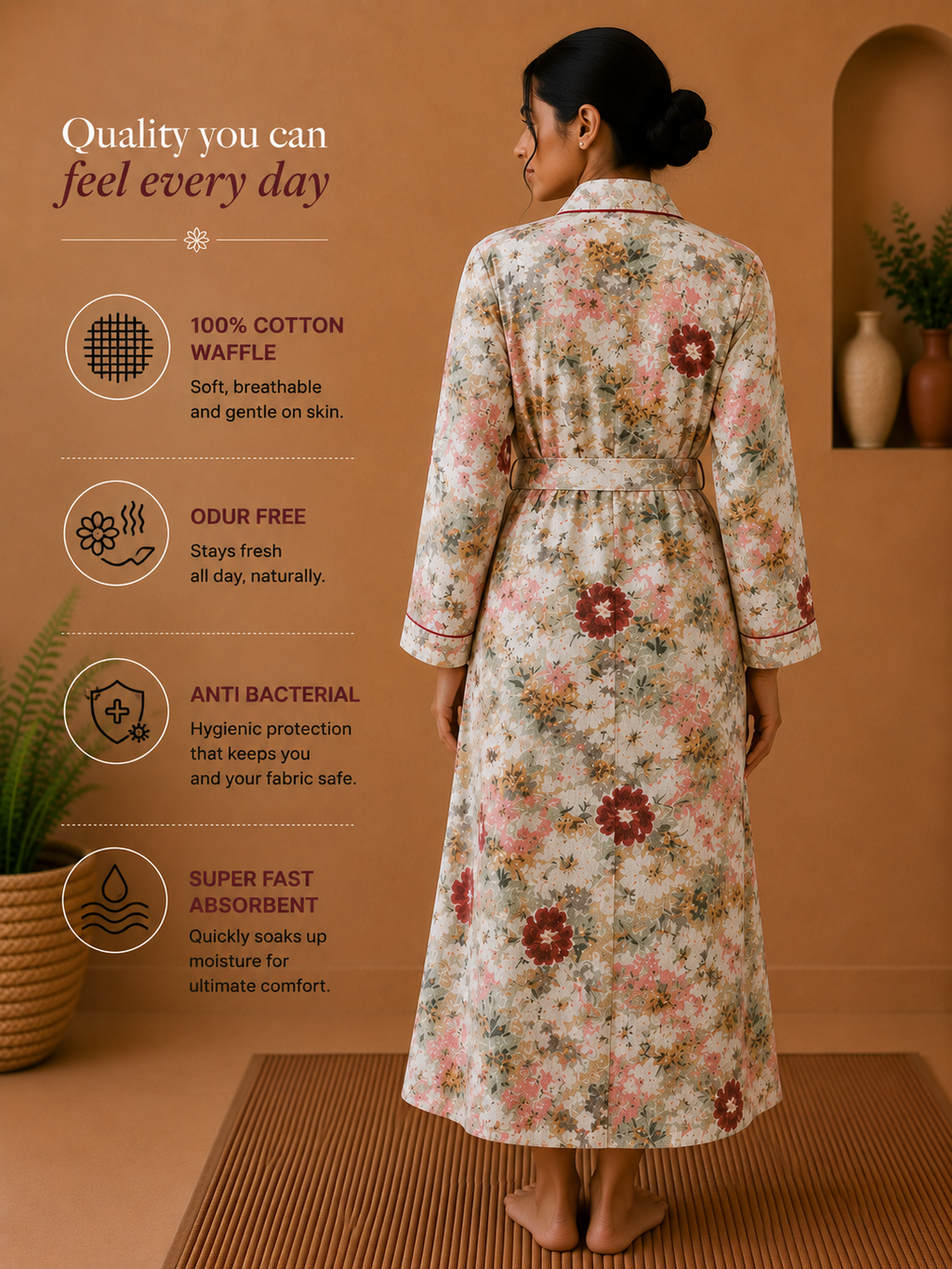 Cotton Waffle Bathrobes for Women | Floral Bath Robes